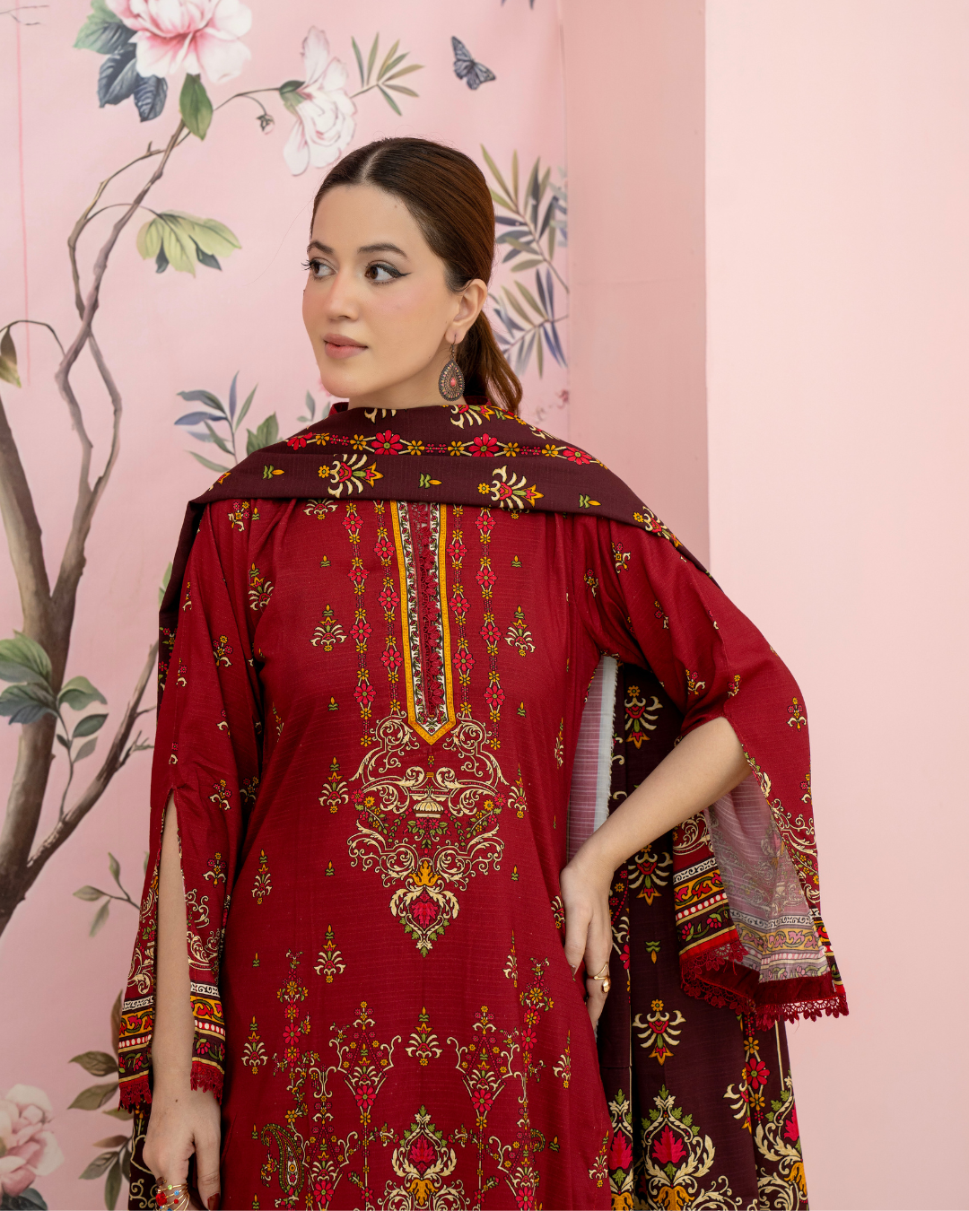 3 Pieces - Marooj Unstitched Maroon BanaDora Linen Suit