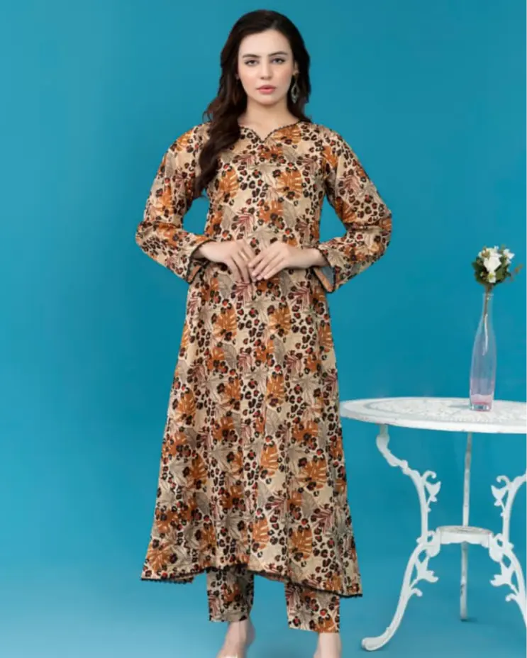 2 Piece - Gold Unstitched Skin Ladies Printed Lawn Suit