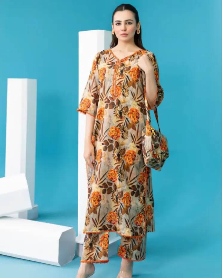 2 Piece - Gold Unstitched Skin Ladies Printed Lawn Suit