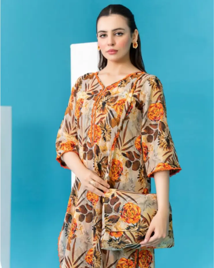 2 Piece - Gold Unstitched Skin Ladies Printed Lawn Suit