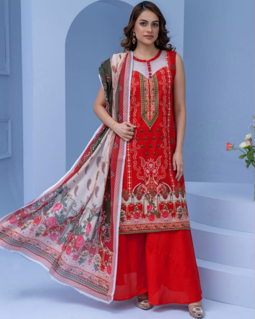 3 Piece - Mojoberry Unstitched Red Ladies Banadora Print Lawn Suit
