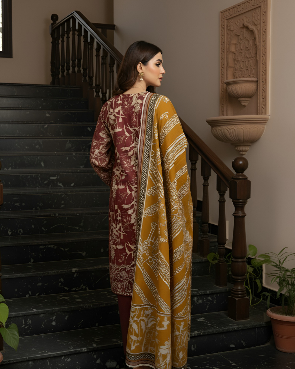 3 Pieces - Marooj Unstitched Maroon Printed Khaddar Suit