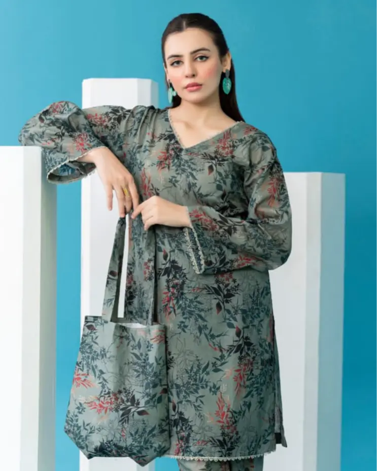 2 Piece - Gold Unstitched Dark Grey Ladies Printed Lawn Suit