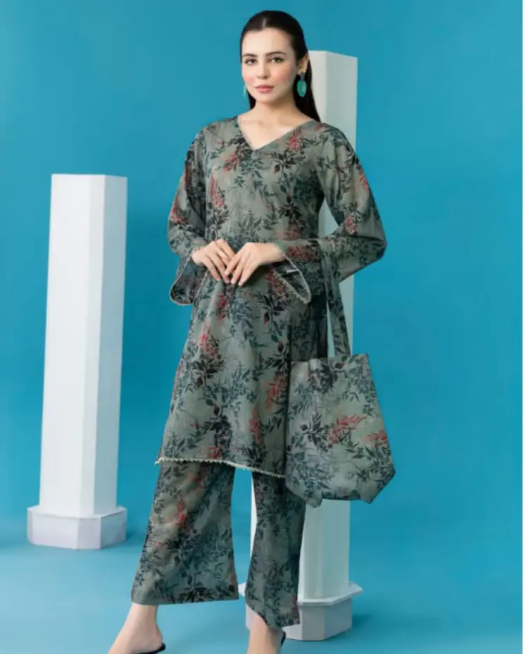 2 Piece - Gold Unstitched Dark Grey Ladies Printed Lawn Suit