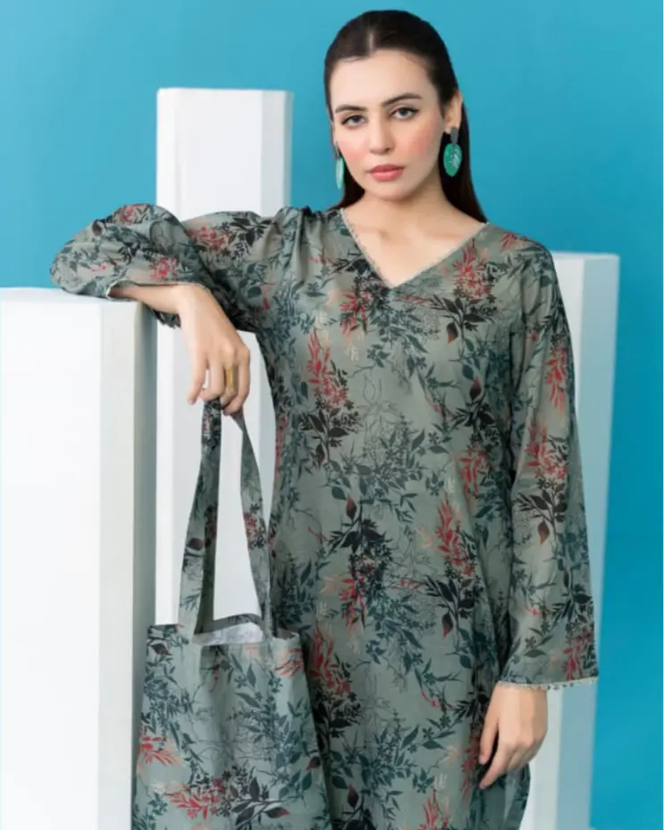 2 Piece - Gold Unstitched Dark Grey Ladies Printed Lawn Suit