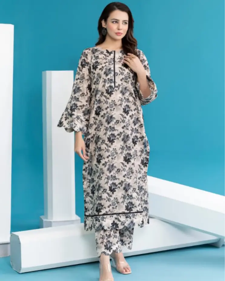 2 Piece - Gold Unstitched Off-White Ladies Printed Lawn Suit