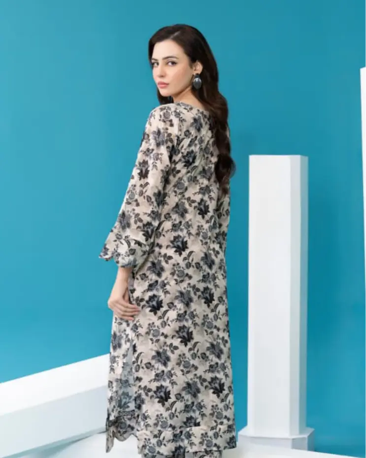 2 Piece - Gold Unstitched Off-White Ladies Printed Lawn Suit