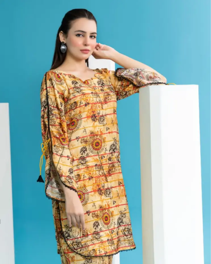 2 Piece - Gold Unstitched Yellow Ladies Printed Lawn Suit
