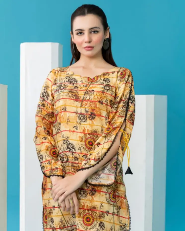 2 Piece - Gold Unstitched Yellow Ladies Printed Lawn Suit