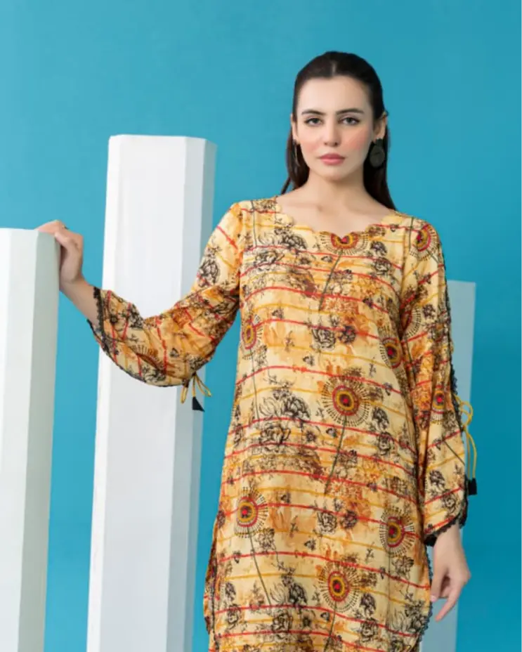 2 Piece - Gold Unstitched Yellow Ladies Printed Lawn Suit