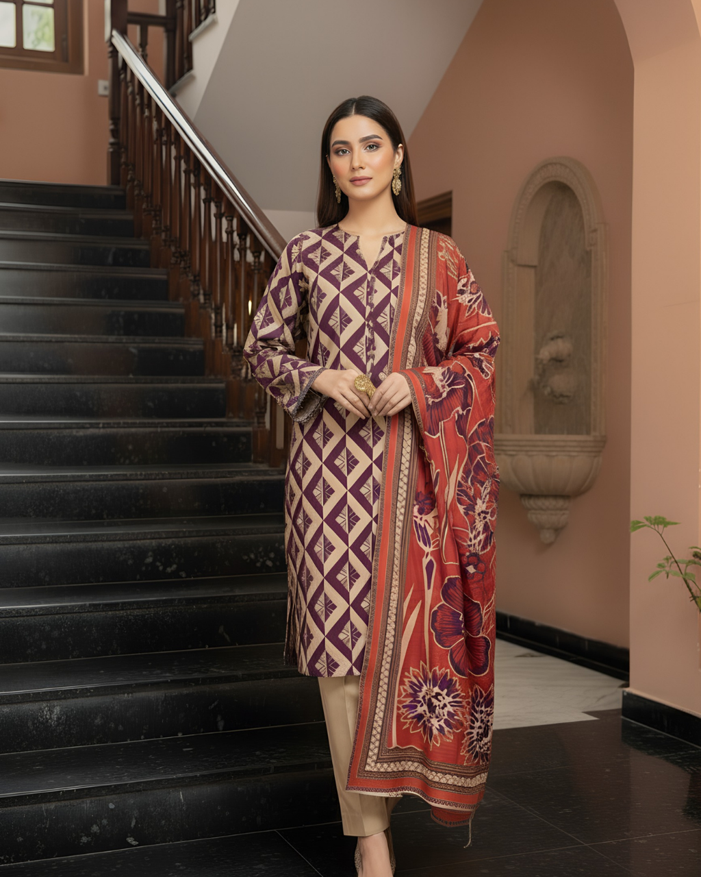 3 Pieces - Marooj Unstitched Skin Printed Khaddar Suit