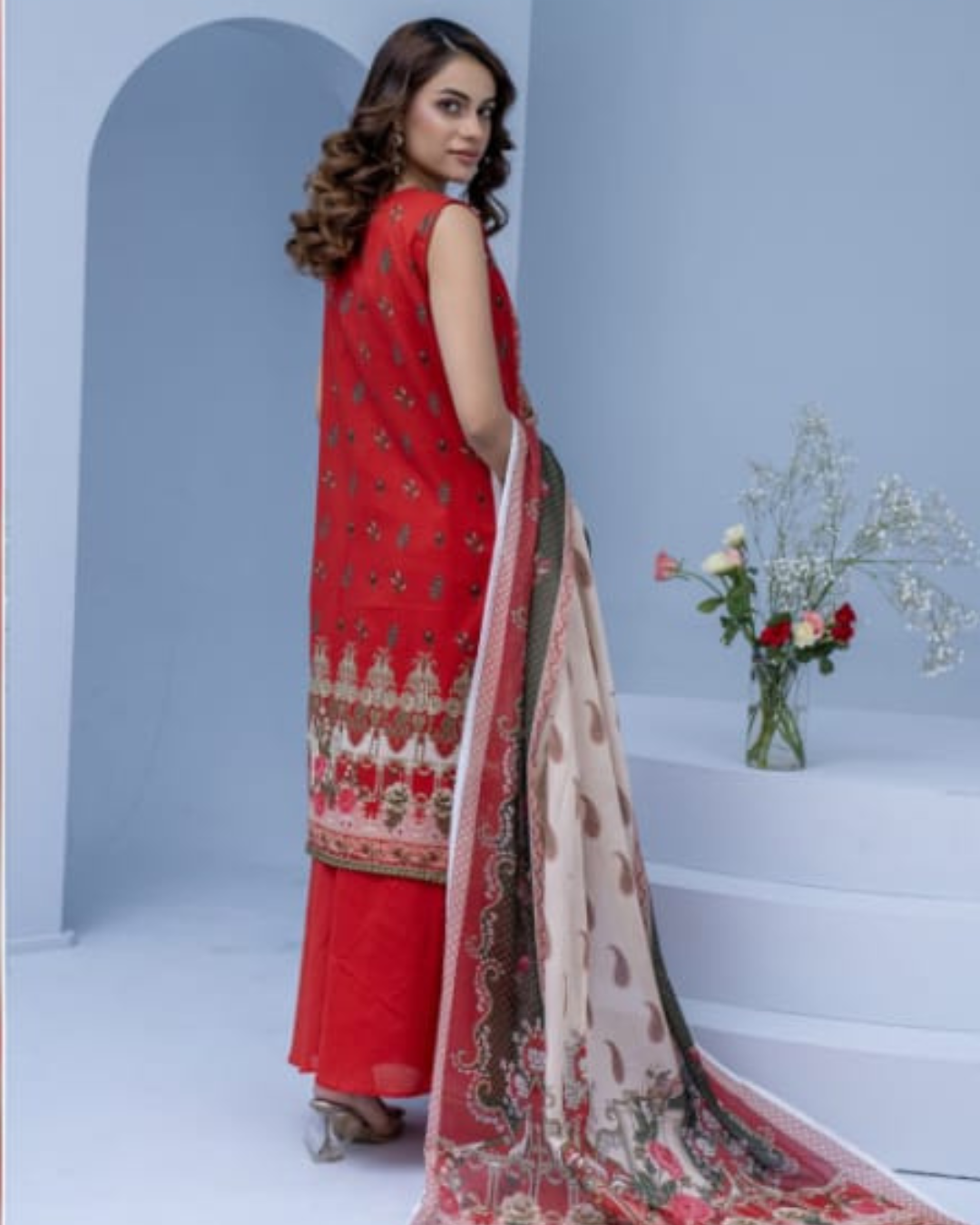 3 Piece - Mojoberry Unstitched Red Ladies Banadora Print Lawn Suit