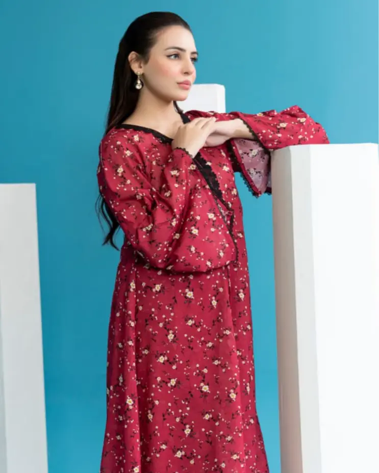 2 Piece - Gold Unstitched Maroon Ladies Printed Lawn Suit