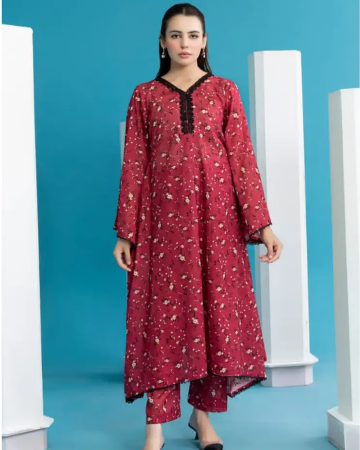 2 Piece - Gold Unstitched Maroon Ladies Printed Lawn Suit