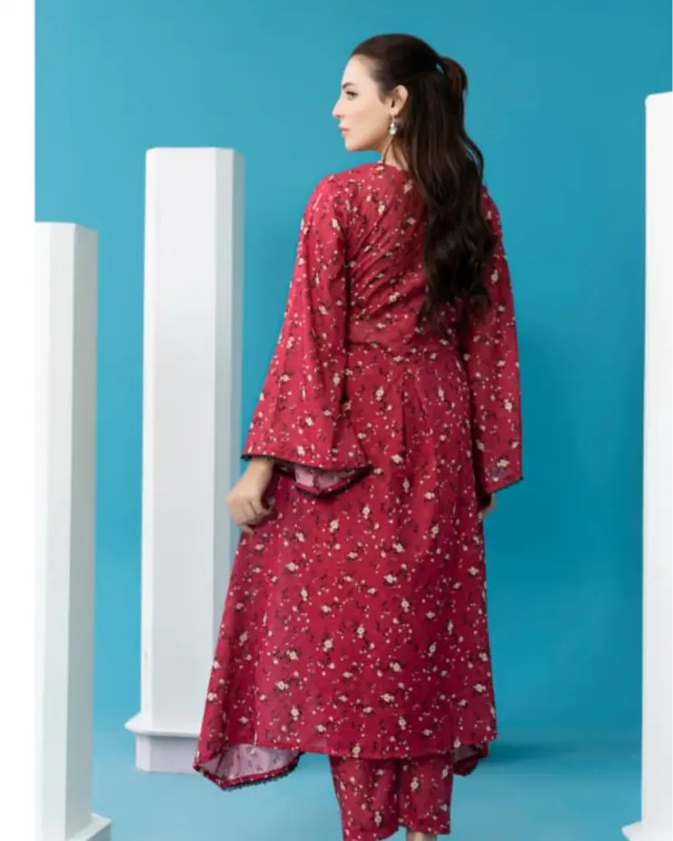 2 Piece - Gold Unstitched Maroon Ladies Printed Lawn Suit