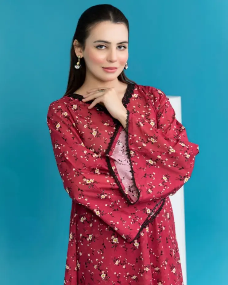2 Piece - Gold Unstitched Maroon Ladies Printed Lawn Suit