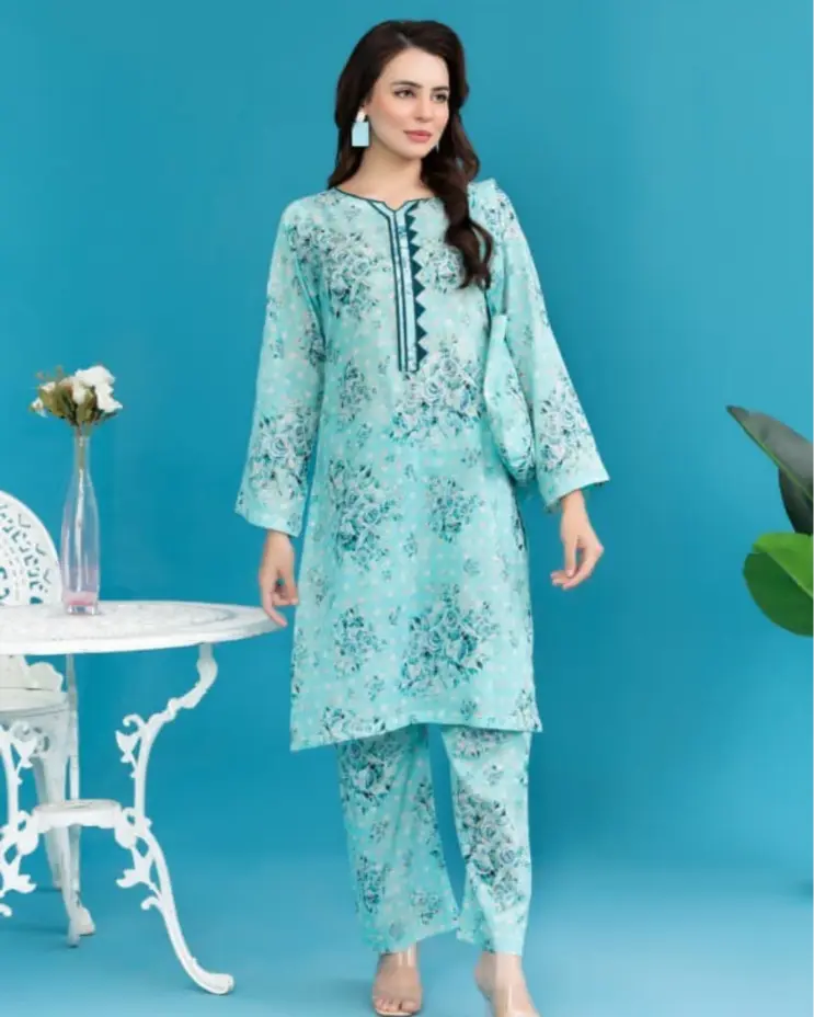 2 Piece - Gold Unstitched Sky Blue Ladies Printed Lawn Suit