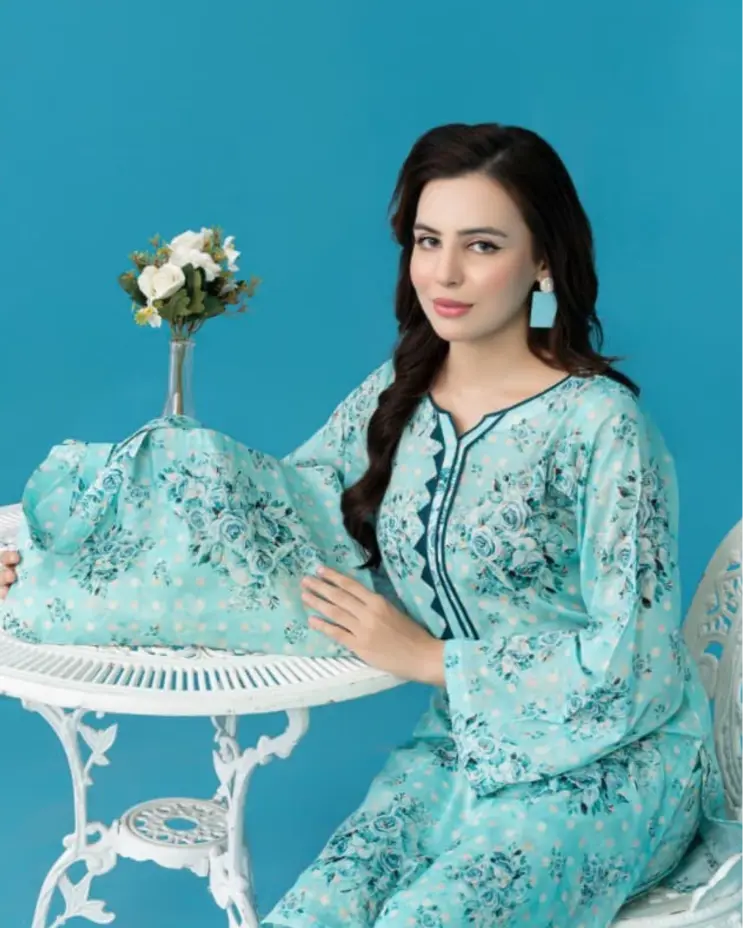 2 Piece - Gold Unstitched Sky Blue Ladies Printed Lawn Suit