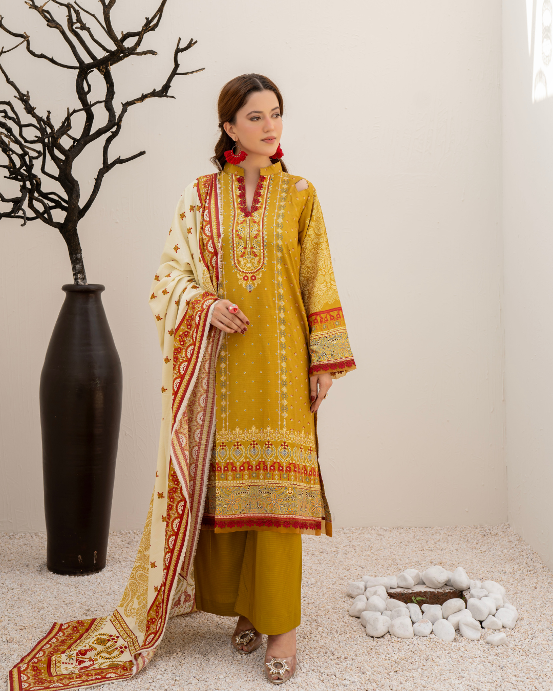 3 Pieces - Marooj Unstitched Mustard Yellow BanaDora Linen Suit
