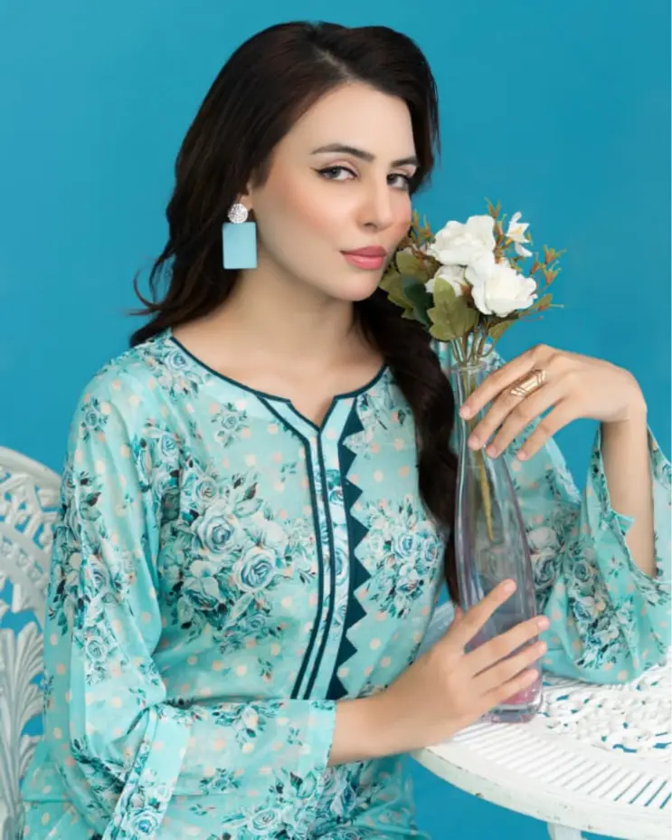 2 Piece - Gold Unstitched Sky Blue Ladies Printed Lawn Suit