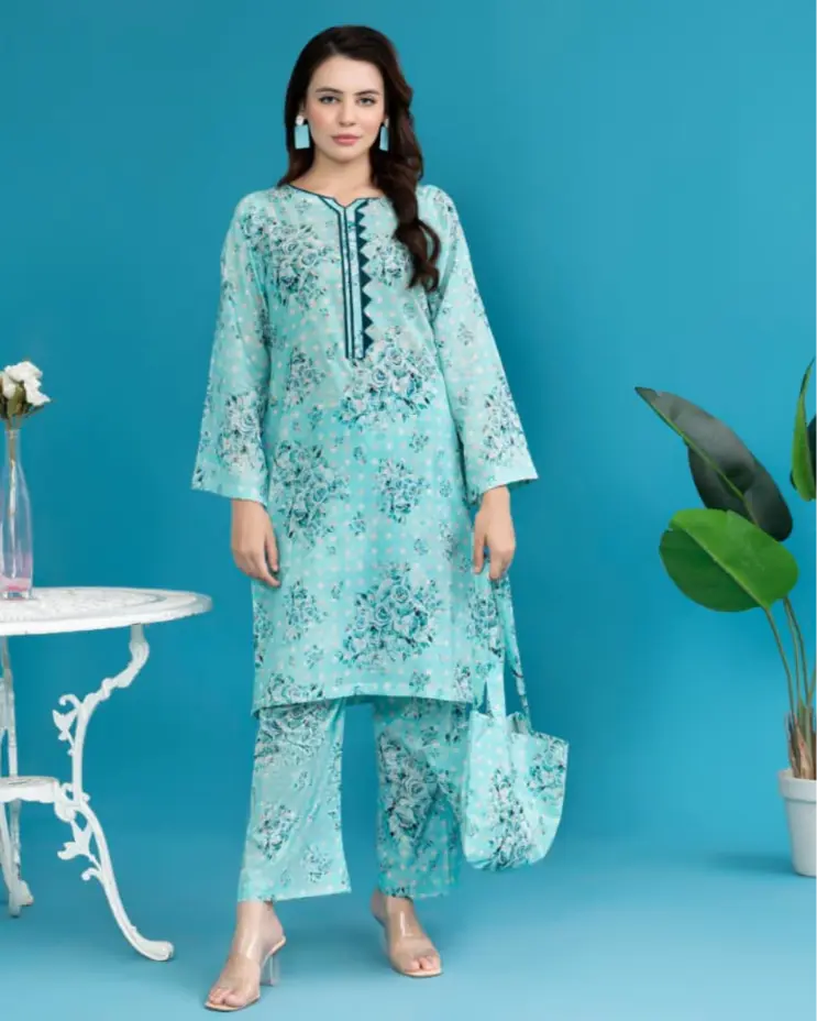 2 Piece - Gold Unstitched Sky Blue Ladies Printed Lawn Suit