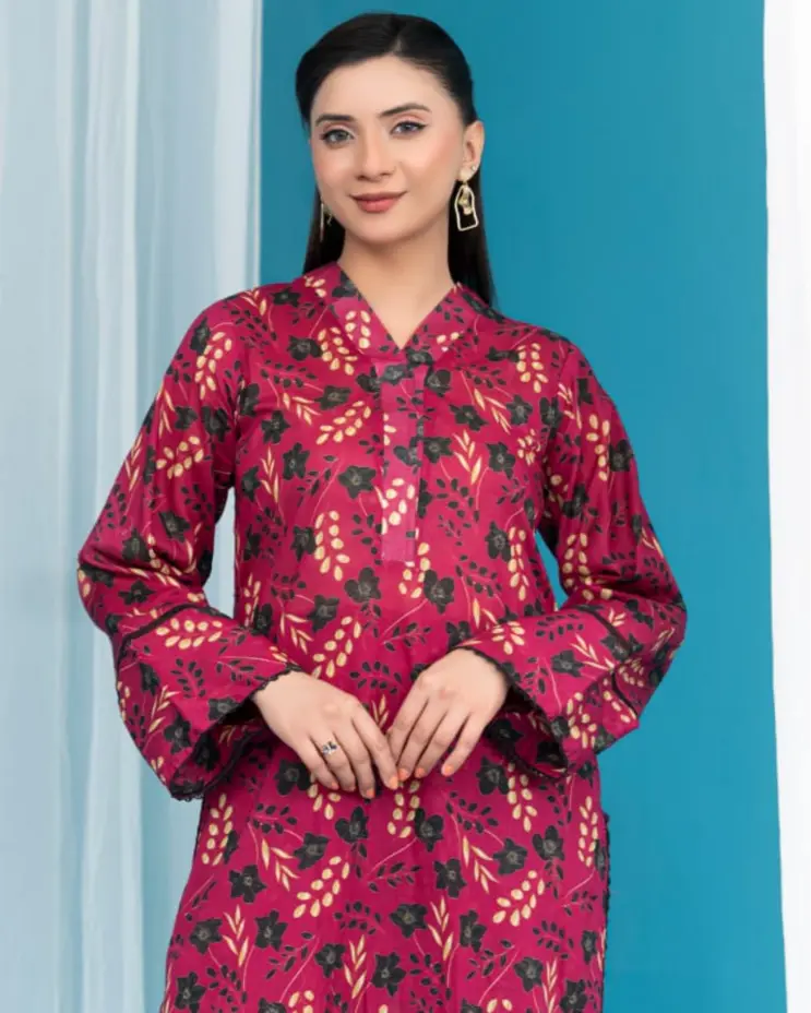 2 Piece - Gold Unstitched Plum Ladies Printed Lawn Suit