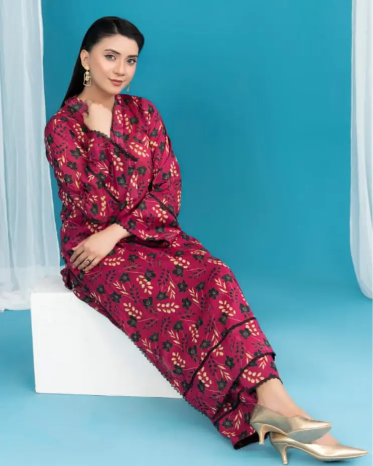 2 Piece - Gold Unstitched Plum Ladies Printed Lawn Suit