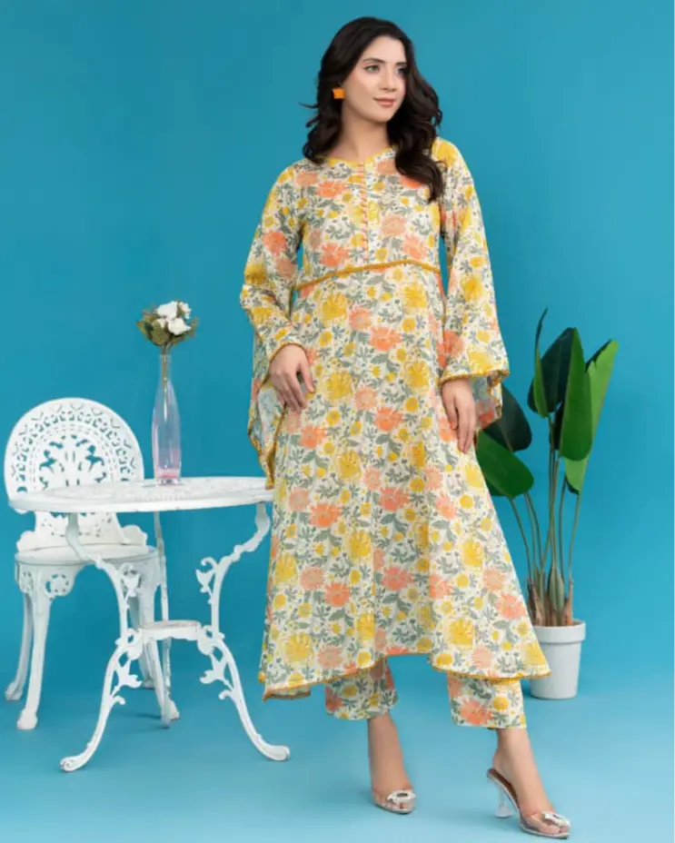 2 Piece - Gold Unstitched Off-White Ladies Printed Lawn Suit