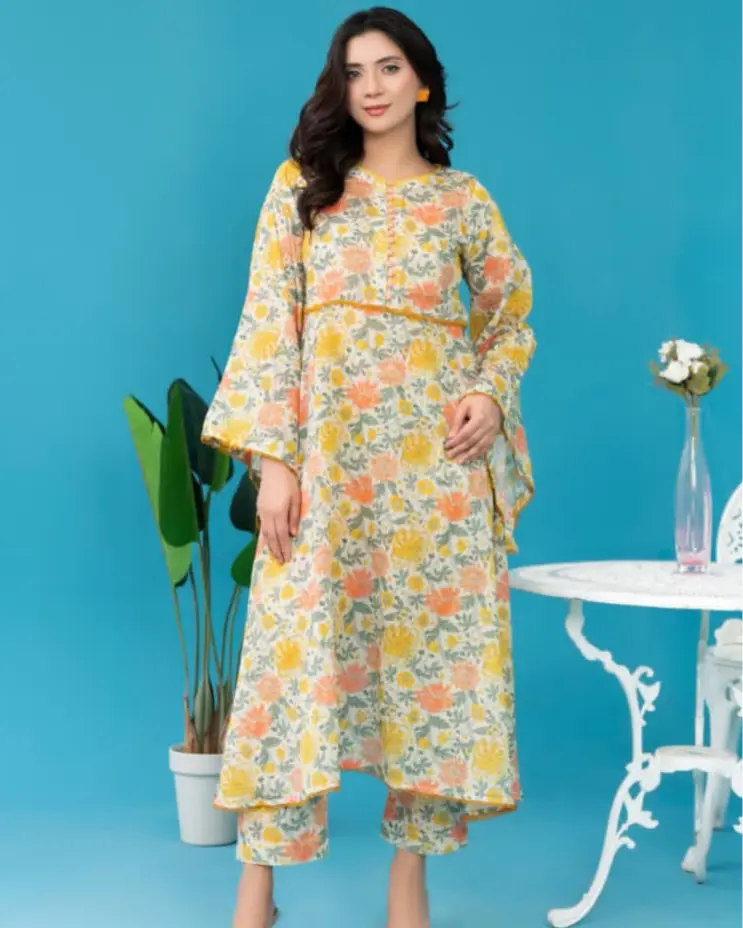 2 Piece - Gold Unstitched Off-White Ladies Printed Lawn Suit