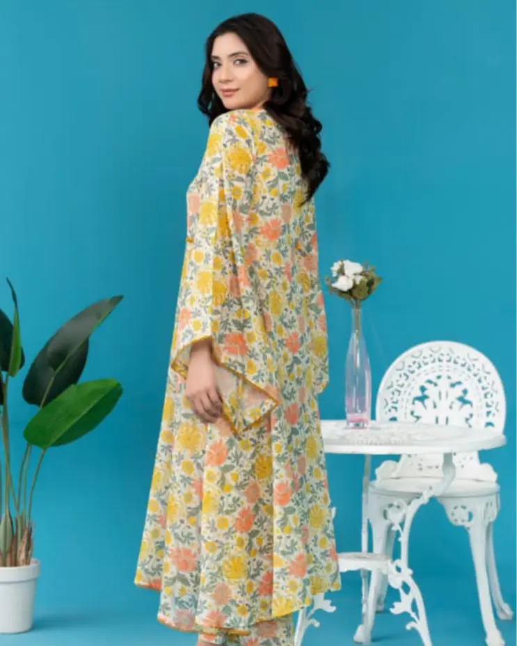 2 Piece - Gold Unstitched Off-White Ladies Printed Lawn Suit