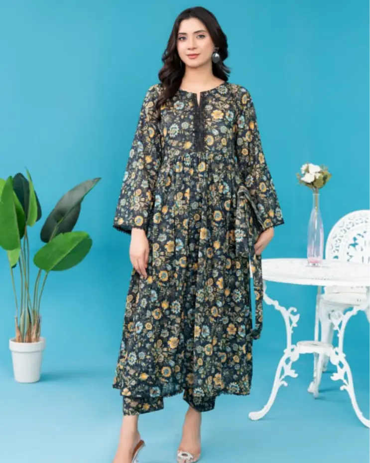 2 Piece - Gold Unstitched Black Ladies Printed Lawn Suit