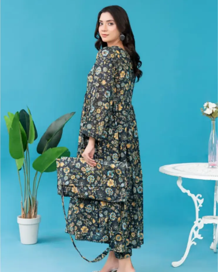 2 Piece - Gold Unstitched Black Ladies Printed Lawn Suit