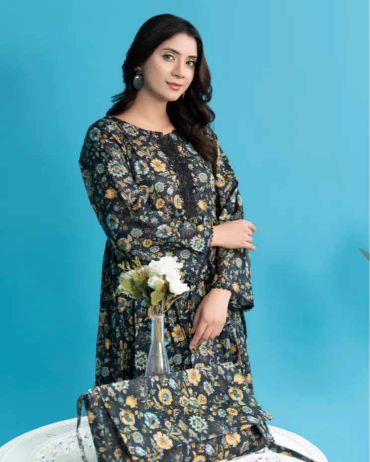 2 Piece - Gold Unstitched Black Ladies Printed Lawn Suit