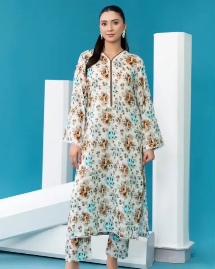 2 Piece - Gold Unstitched Off-White Ladies Printed Lawn Suit