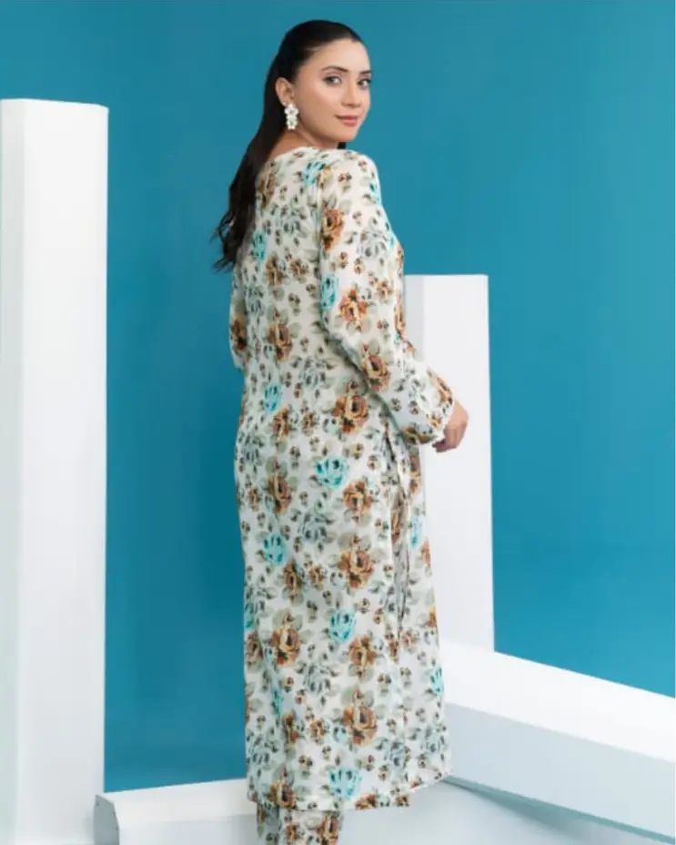 2 Piece - Gold Unstitched Off-White Ladies Printed Lawn Suit