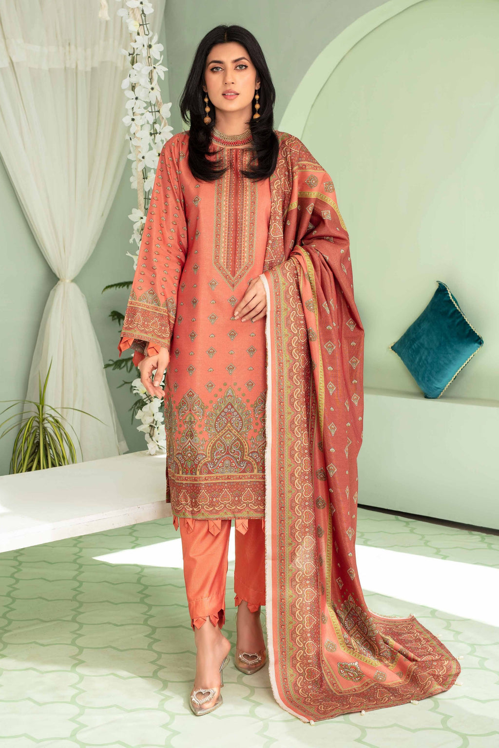 3 Pieces - Aizal Unstitched Baby Pink Printed Shamray Linen Suit