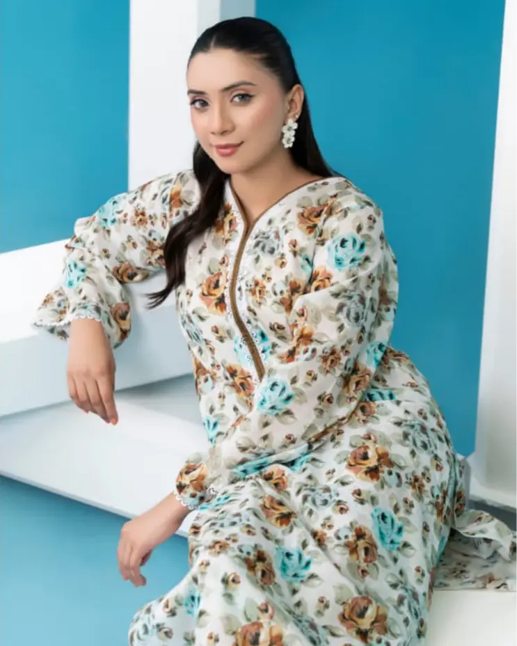 2 Piece - Gold Unstitched Off-White Ladies Printed Lawn Suit