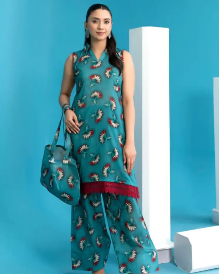 2 Piece - Gold Unstitched Ferozi Ladies Printed Lawn Suit