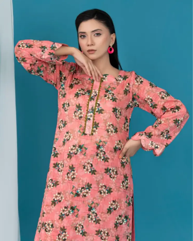 2 Piece - Gold Unstitched Pink Ladies Printed Lawn Suit