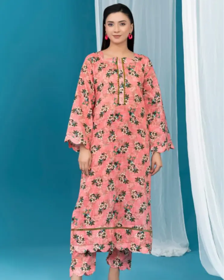 2 Piece - Gold Unstitched Pink Ladies Printed Lawn Suit