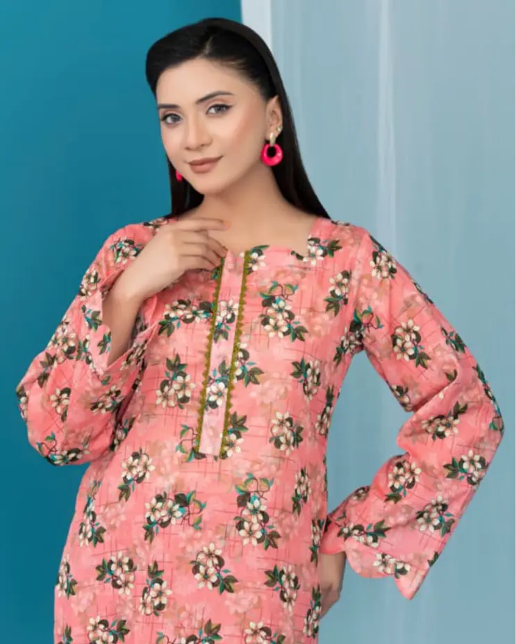 2 Piece - Gold Unstitched Pink Ladies Printed Lawn Suit