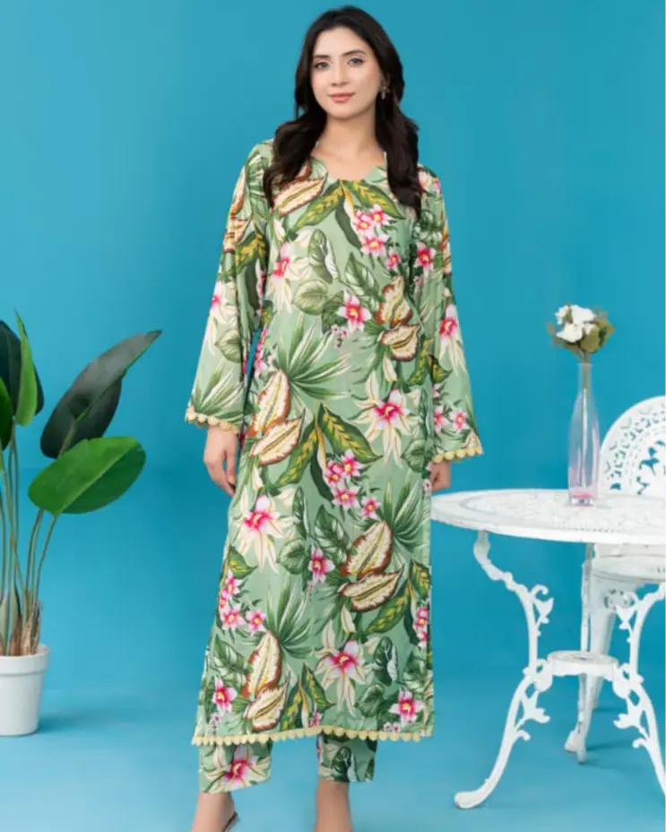 2 Piece - Gold Unstitched Green Ladies Printed Lawn Suit