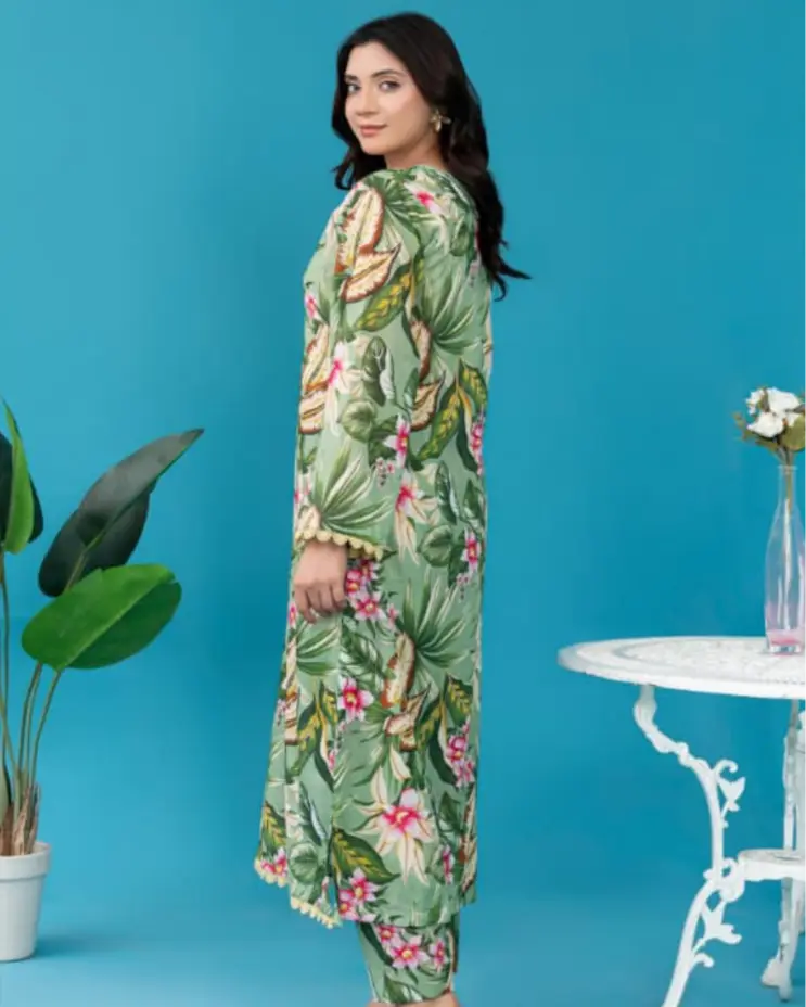 2 Piece - Gold Unstitched Green Ladies Printed Lawn Suit