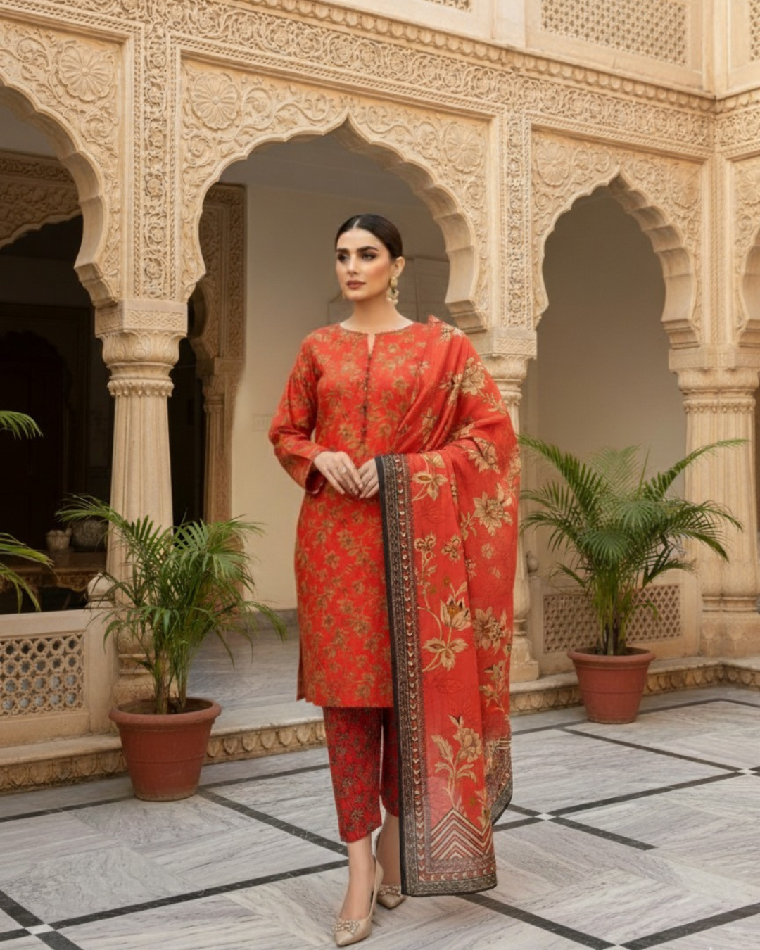 3 Pieces - Marooj Unstitched Redish BanaDora Linen Suit
