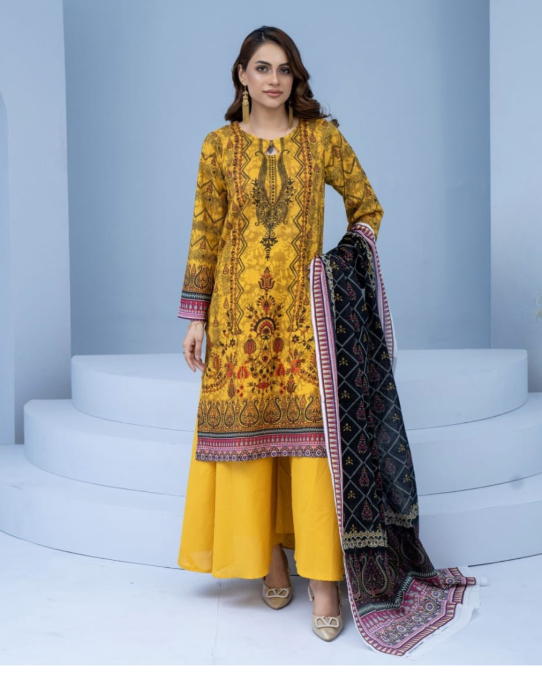 3 Piece - Mojoberry Unstitched Yellow Ladies Banadora Print Lawn Suit