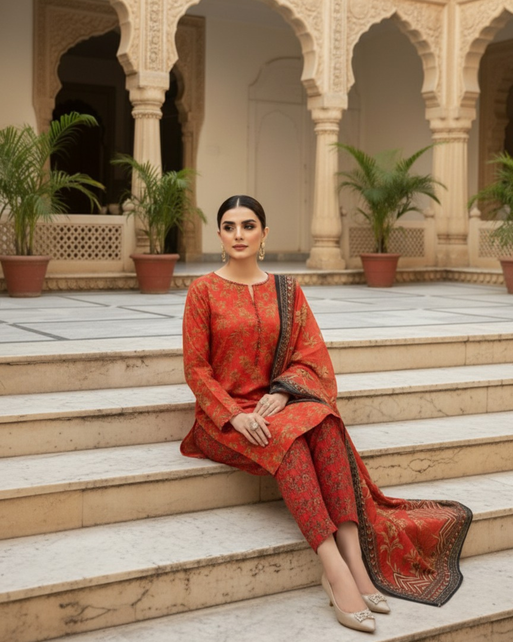 3 Pieces - Marooj Unstitched Redish BanaDora Linen Suit