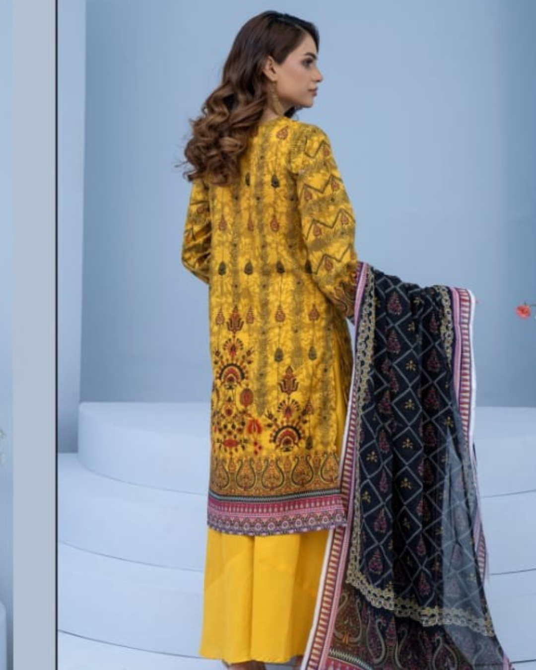 3 Piece - Mojoberry Unstitched Yellow Ladies Banadora Print Lawn Suit