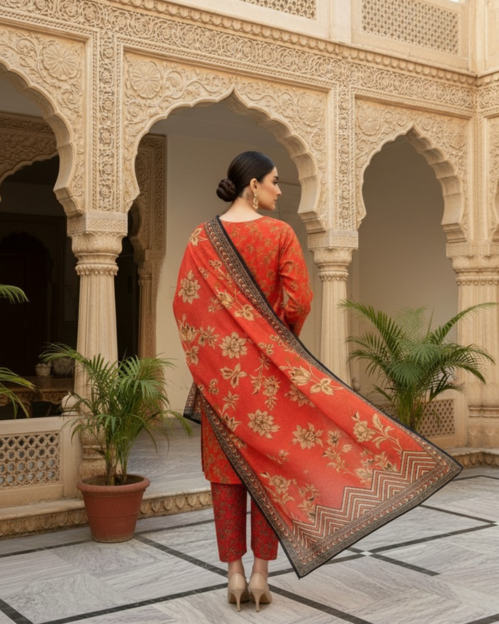 3 Pieces - Marooj Unstitched Redish BanaDora Linen Suit