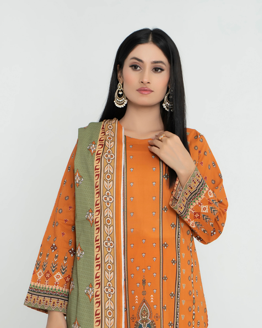 3 Piece - Junoon Unstitched Orange Ladies Transliminor Magic Print Lawn Suit