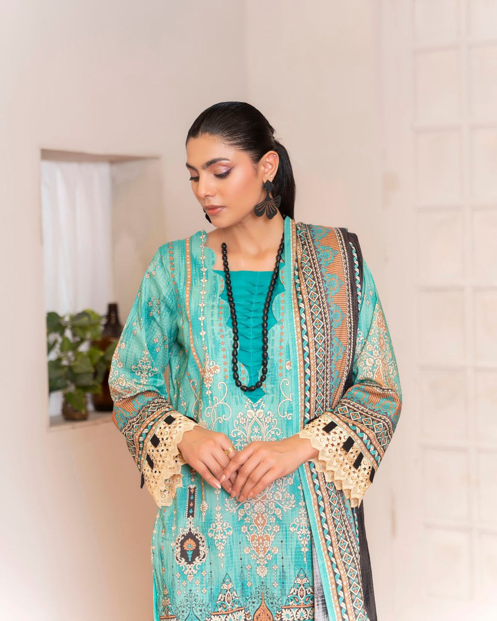 3 Piece - Junoon Unstitched Blue Ladies Banadora Print Lawn Suit